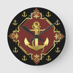 Nautisch anker goud/zwart silhouet/rood ronde klok