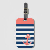 Nautisch anker in Trendy Coral Navy Stripes Bagagelabel (Voorkant (verticaal))