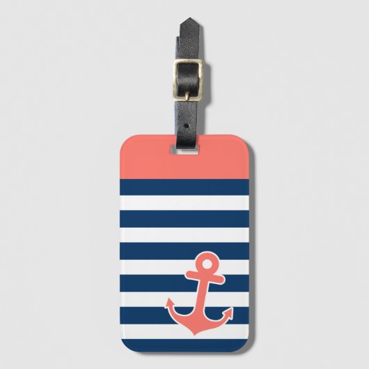 Nautisch anker in Trendy Coral Navy Stripes Bagagelabel (Voorkant (verticaal))