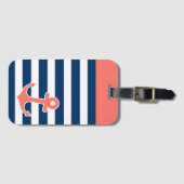 Nautisch anker in Trendy Coral Navy Stripes Bagagelabel (Voorkant (horizontaal))