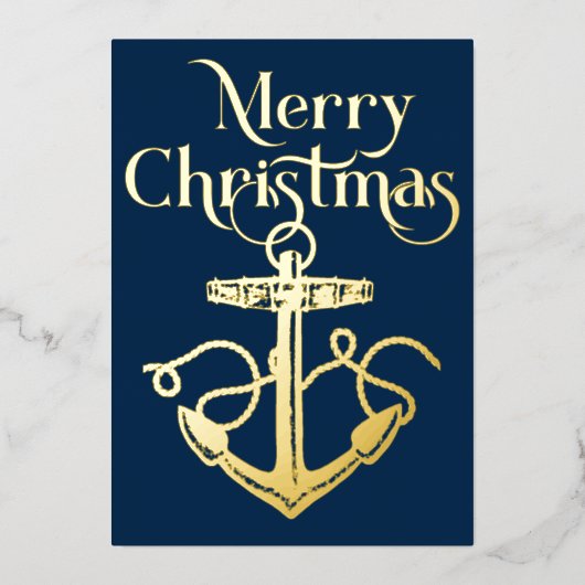 Nautisch Anker Kerstfoto Navy Blue Gold Folie Feestdagenkaart (Voorkant)