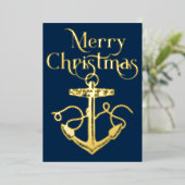Nautisch Anker Kerstfoto Navy Blue Gold Folie Feestdagenkaart (Staand Voorkant)