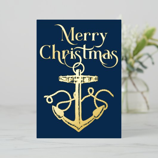 Nautisch Anker Kerstfoto Navy Blue Gold Folie Feestdagenkaart (Staand Voorkant)