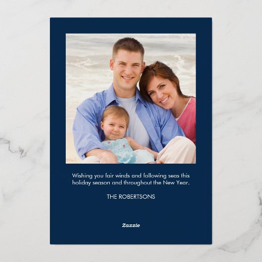 Nautisch Anker Kerstfoto Navy Blue Gold Folie Feestdagenkaart (Achterkant)