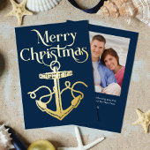 Nautisch Anker Kerstfoto Navy Blue Gold Folie Feestdagenkaart