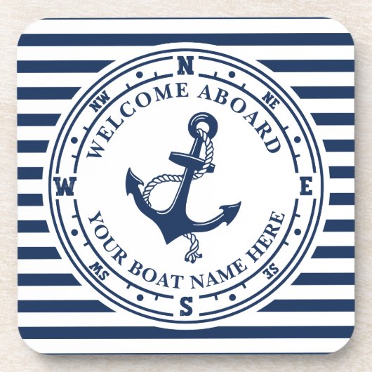 Nautisch Anker Kompas Gestreepte Bootnaam Bier Onderzetter (Voorkant)