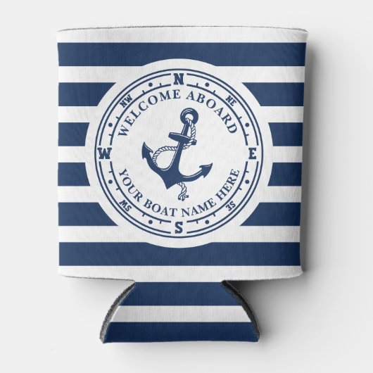 Nautisch Anker Kompas Gestreepte Bootnaam Blikjeskoeler (Voorkant)