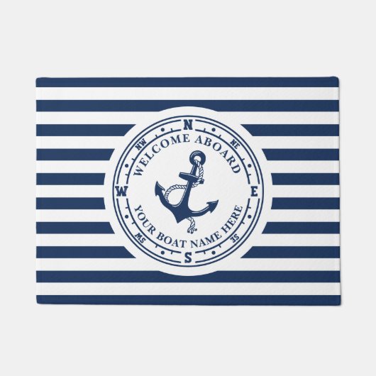 Nautisch Anker Kompas Gestreepte Bootnaam Deurmat (Voorkant)