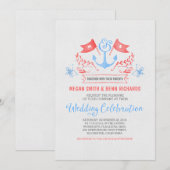 Nautisch anker koraal blauw bruiloft uitnodigingen (Voorkant / Achterkant)