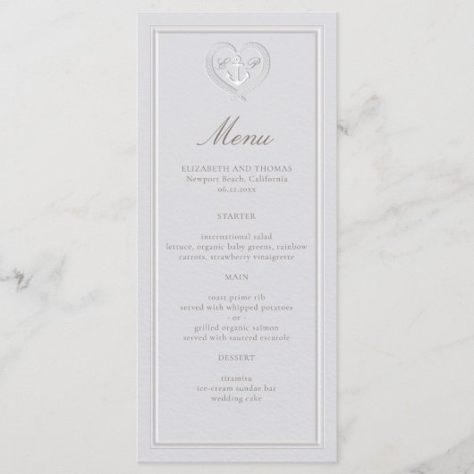 Nautisch anker Kust Touw Crest Formele bruiloft Menu (Voorkant)