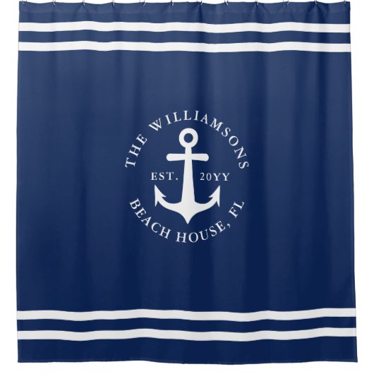 Nautisch Anker Licht Marine Blauw Wit Gepersonalis Douchegordijn (Voorkant)