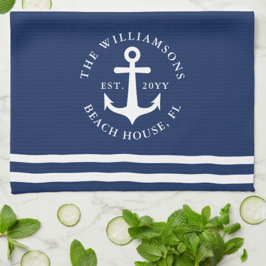 Nautisch Anker Licht Marine Blauw Wit Monogrammed Theedoek (Gevouwen)
