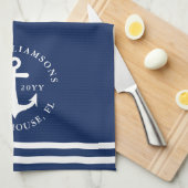 Nautisch Anker Licht Marine Blauw Wit Monogrammed Theedoek (Quarter Fold)