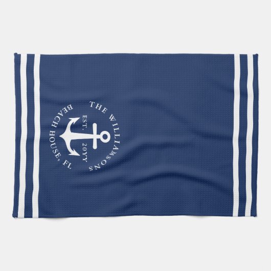 Nautisch Anker Licht Marine Blauw Wit Monogrammed Theedoek (Horizontaal)