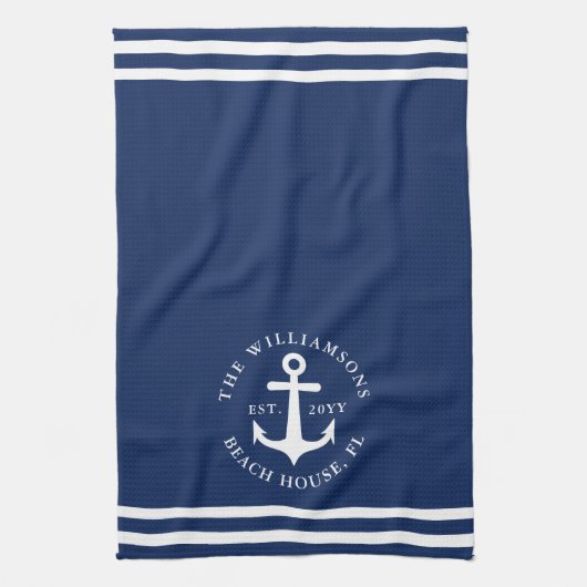 Nautisch Anker Licht Marine Blauw Wit Monogrammed Theedoek (Verticaal)