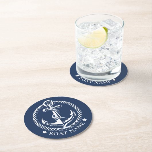 Nautisch Anker Logo Navy Blauwe Bootnaam Ronde Kartonnen Onderzetter (Insitu)
