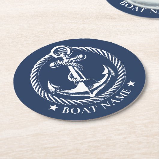 Nautisch Anker Logo Navy Blauwe Bootnaam Ronde Kartonnen Onderzetter (Gebogen)