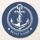 Nautisch Anker Logo Navy Blauwe Bootnaam Ronde Kartonnen Onderzetter (Voorkant)