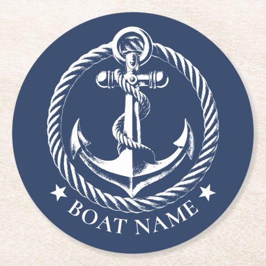 Nautisch Anker Logo Navy Blauwe Bootnaam Ronde Kartonnen Onderzetter (Voorkant)