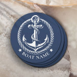 Nautisch Anker Logo Navy Blauwe Bootnaam Ronde Kartonnen Onderzetter<br><div class="desc">Nautical Anker Logo Navy Blue Boat Name Paper Onderzetter.</div>