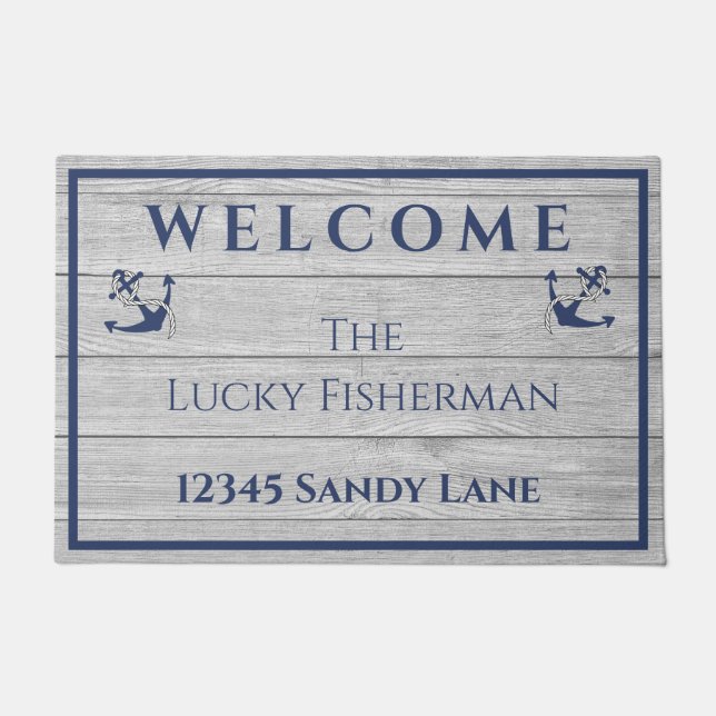 Nautisch Anker Marine Blauw Grijs Houten Boot | St Deurmat (Voorkant)