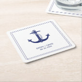Nautisch Anker Marine Blauw Monogram Namen Bruilof Kartonnen Onderzetters (Schuin)