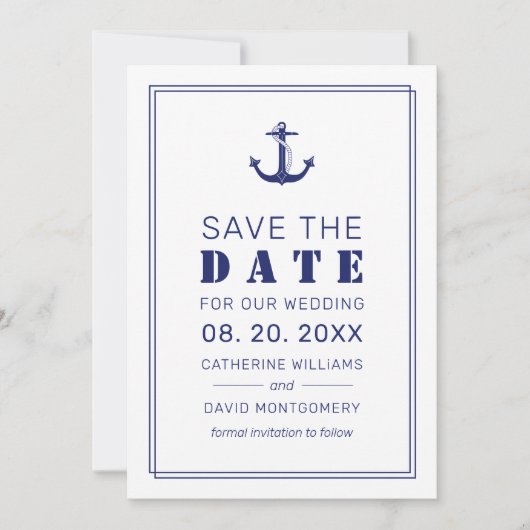 Nautisch Anker Marine Blauw Typografie Bruiloft Save The Date (Voorkant)