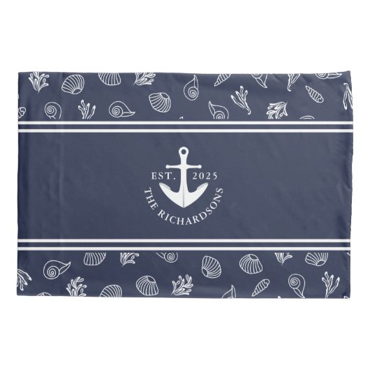 Nautisch Anker Marine Blauw Wit Custom Name Kussensloop (Achterkant-Links)