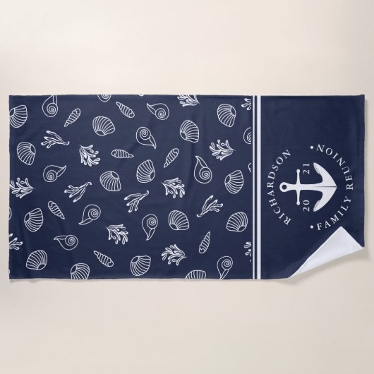 Nautisch anker Marine Blauw Wit Familie Reünie Strandlaken (Voorkant)