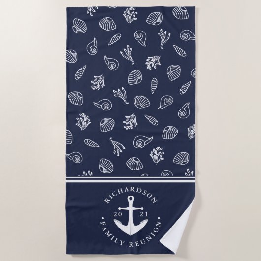 Nautisch anker Marine Blauw Wit Familie Reünie Strandlaken (Voorkant)