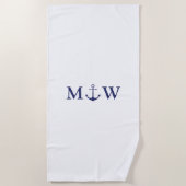 Nautisch anker marine blauw wit paar initialen strandlaken (Voorkant)