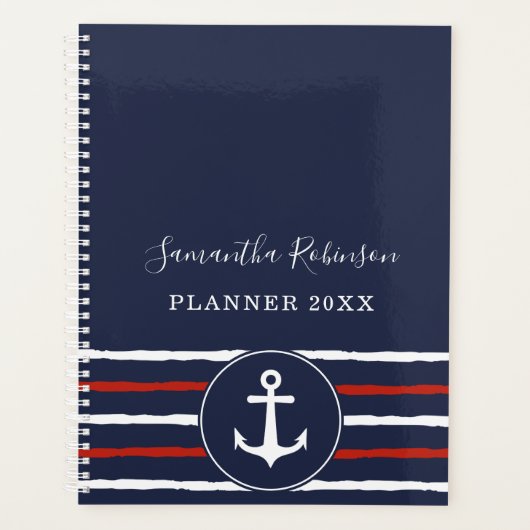 Nautisch Anker Marine Blauw Wit Rood 2024 Planner (Voorkant)