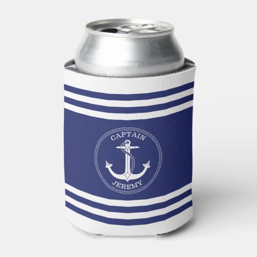 Nautisch Anker Marine Blauw Wit Strepen Monogram Blikjeskoeler (Blikje Voorkant)
