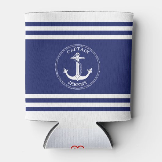 Nautisch Anker Marine Blauw Wit Strepen Monogram Blikjeskoeler (Voorkant)