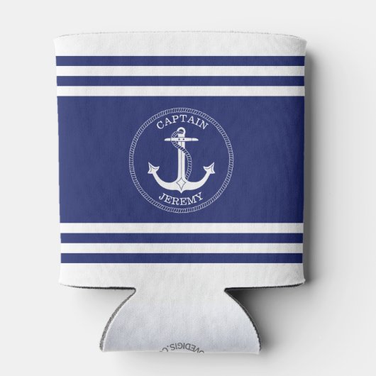 Nautisch Anker Marine Blauw Wit Strepen Monogram Blikjeskoeler (Achterkant)