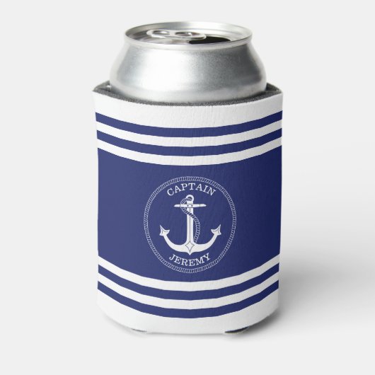 Nautisch Anker Marine Blauw Wit Strepen Monogram Blikjeskoeler (Blikje Achterkant)