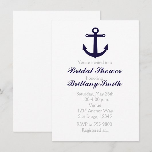 Nautisch anker Marine Blauwe Bruids Douche Uitnodi Kaart (Voorkant / Achterkant)
