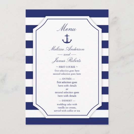 Nautisch Anker Marine Blauwe Streep Bruiloft Menu (Voorkant)