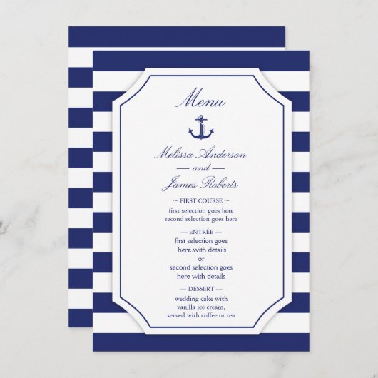 Nautisch Anker Marine Blauwe Streep Bruiloft Menu (Voorkant / Achterkant)