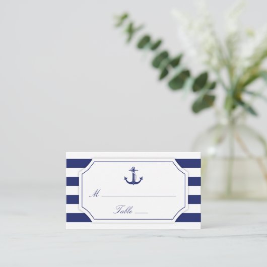 Nautisch Anker Marine Blauwe Streep Bruiloft Plaatskaartje (Staand voorkant)