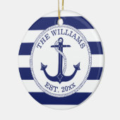 Nautisch Anker Marine Blauwe Streep Monogrammed Keramisch Ornament (Links)