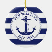 Nautisch Anker Marine Blauwe Streep Monogrammed Keramisch Ornament (Achterkant)