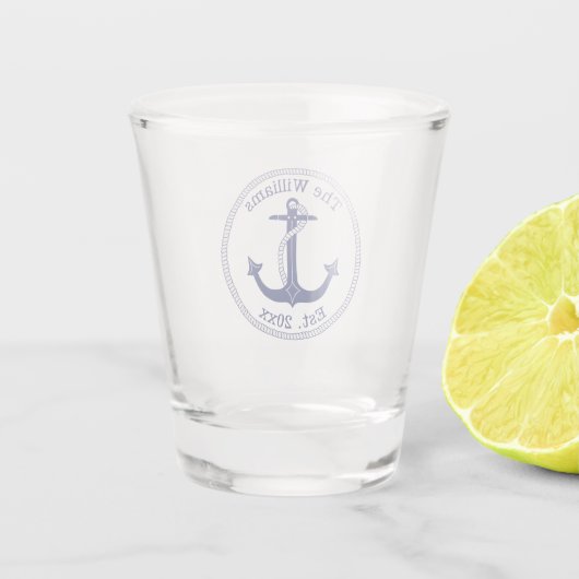 Nautisch anker marine blauwe strepen familie monog shot glas (Achterkant)