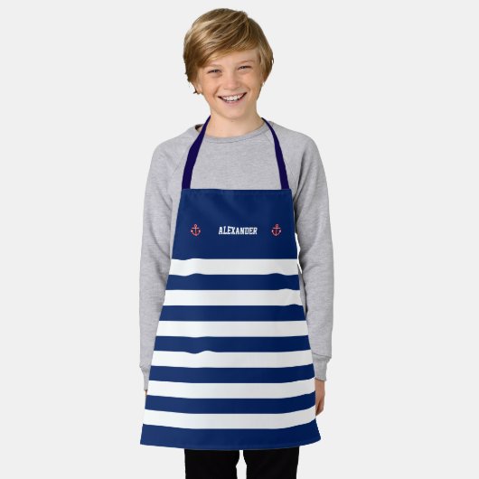 Nautisch Anker Marine Marine Blauw Wit Strepen Apr Schort (Gedragen)