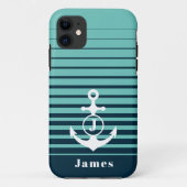 Nautisch anker marineblauw gestreept monogram Case-Mate iPhone case (Achterkant)