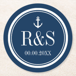 Nautisch anker marineblauw monogram bruiloft onder ronde kartonnen onderzetter