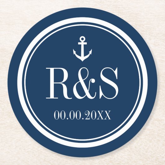 Nautisch anker marineblauw monogram bruiloft onder ronde kartonnen onderzetter (Voorkant)
