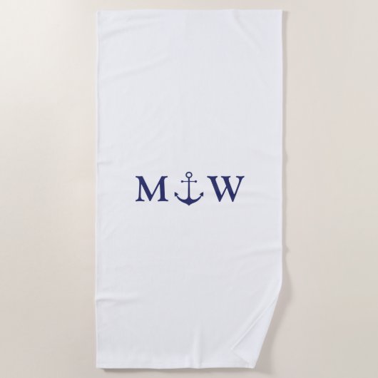 Nautisch anker marineblauw witte koppel initials strandlaken (Voorkant)