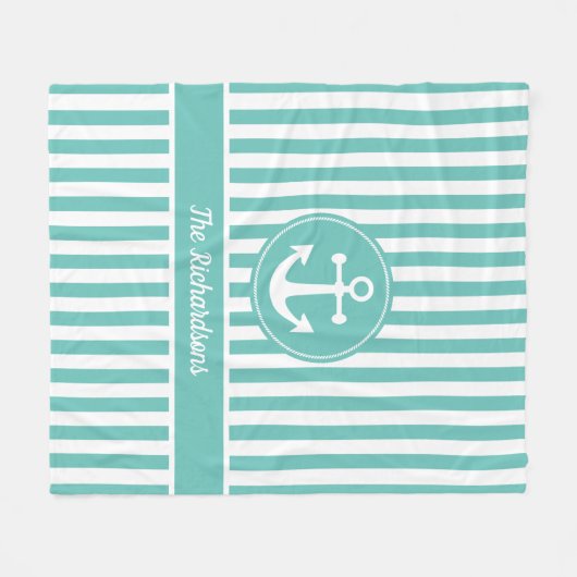 Nautisch anker met Blauwgroen en witte strepen met Fleece Deken (Voorkant (Horizontaal))