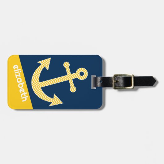 Nautisch anker met Navy Yellow Chevron Pattern Bagagelabel (Voorkant horizontaal)